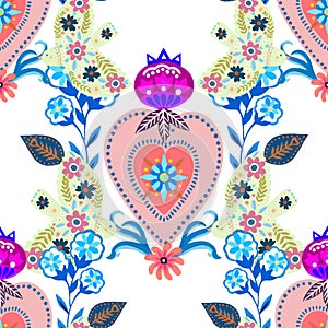 Valentine heart botanical seamless pattern inspired by traditional folk art embroidery designs textile or farbic print ornament