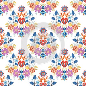 Valentine heart botanical seamless pattern inspired by traditional folk art embroidery designs textile or farbic print ornament