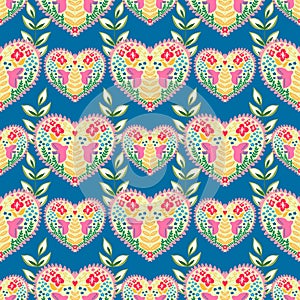 Valentine heart botanical seamless pattern inspired by traditional folk art embroidery designs textile or farbic print ornament