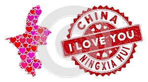 Valentine Heart Collage Ningxia Hui Region Map with Distress Watermark