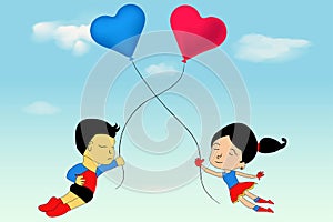 Valentine heart flying balloon with man and woman in the sky. Love is in the air. Illustration of a boy and girl flying