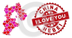 Valentine Heart Mosaic Hebei Province Map with Distress Stamp Seal