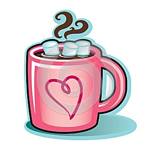 Valentine heart mug with hot cocoa chocolate and marshmallows