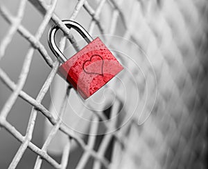 Valentine heart padlock attached to wire mesh fence