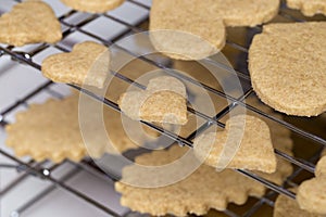 Valentine heart sugar cookies on shelves of cooling rack in different sizes