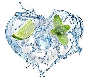 Valentine Heart from water splash, mint, ice and lime