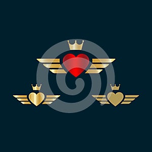 Valentine heart wings vector illustration. Heart and Crown with golden wings icon