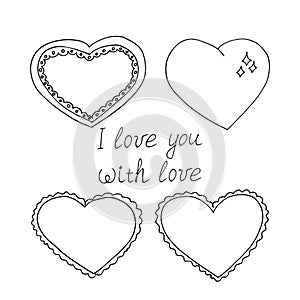 valentine hearts cards and lettering i love you. hand drawn set of templates in minimalistic doodle style. monochrome