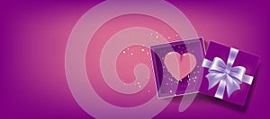 Valentine hearts with gift box greeting card. Flying pink balloons on purple background. Vector