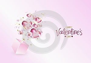 Valentine hearts with gift box greeting card. Foil flying elements on a pink background. Vector Heart Shaped Love Symbols for