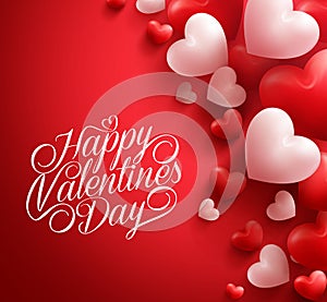 Valentine Hearts in Red Background Floating with Happy Valentines Day Greetings photo