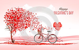 Valentine holiday background with heart shaped tree and bicycle