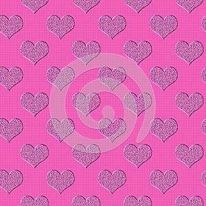 Valentine holiday hearts on a bright pink background with a dot pattern, seamless texture