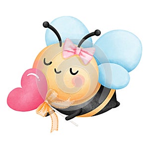 Valentine honeybee with heart shaped candy clipart, Watercolor illustration with cute bee and valentines dessert