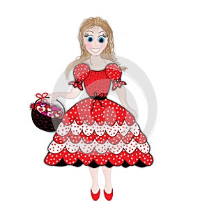 Valentine Illustration Girl Wearing Red and White polka dot dress i layers carring Basket of Hearts