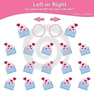 Valentine Left or Right Game for Preschool Children. Valentine Worksheet activity for kids