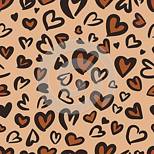 Valentine Leopard or jaguar seamless pattern. Trendy animal print. Spotted hearts imitate cheetah fur. Vector background for