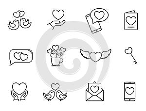 valentine line icon set. heart, love greeting and romantic symbols. valentines day vector design