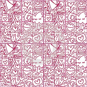 Valentine logo vector seamless pattern line love, cloud, cake, heart and gift box. Hand drawn monoline constructor for