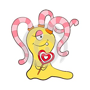 Valentine love monster cyclop girl with candy heart. Isolated cartoon illustration. photo