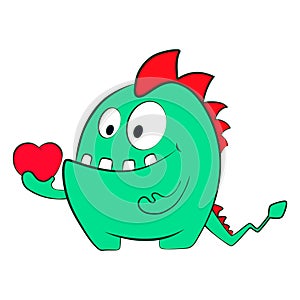 Valentine love monster dragon with heart. Isolated cartoon illustration.