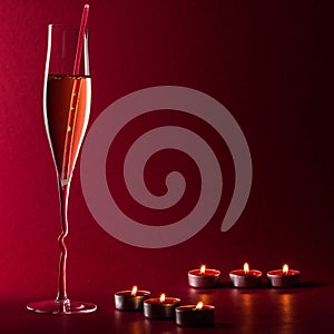 Valentine mood with a glass of champage, candles and a drinking straw on a red background.