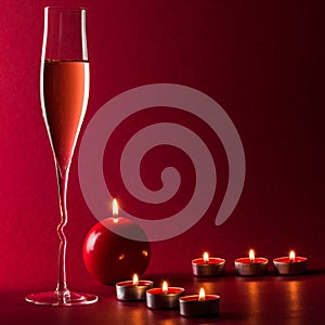 Valentine mood with a glass of champage and candles with fire and flame on a red textured background.