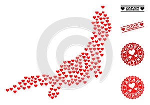 Valentine Mosaic Map of Honshu Island and Grunge Stamps for Valentines