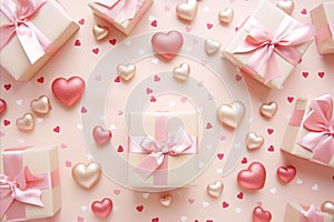 Valentine or Mothers Day Gift Composition with Red Hearts on Pink Background, Top View