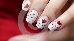 Valentine Nail art manicure with painted hearts and polka dots with copy space.