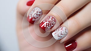 Valentine Nail art manicure with painted hearts and polka dots with copy space.