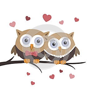 Valentine owls in love on a white background. Greeting card design