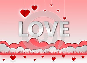 Valentine paper art concept elements such as  love text silver lettering on white background, symbols of love for happy women, mot