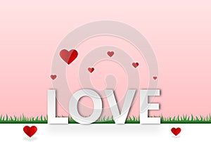 Valentine paper art concept elements such as  love text silver lettering on white background, symbols of love for happy women, mot