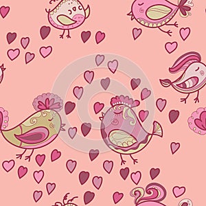 Valentine pattern with hearts, birds