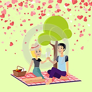 Valentine Picnic Day Couple Sits on Blanket Vector