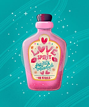 Valentine pink bottle with hand lettering love spirit. Cute festive romantic illustration.