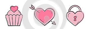 valentine pink icons. heart with arrow, cake and heart padlock. love and romantic symbols. valentines day design