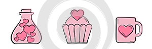 valentine pink icons. love potion, cake and cup with heart. love and romantic symbols. valentines day design