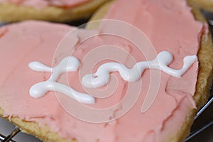 Valentine pink and white frosting cookie with the word Love writ