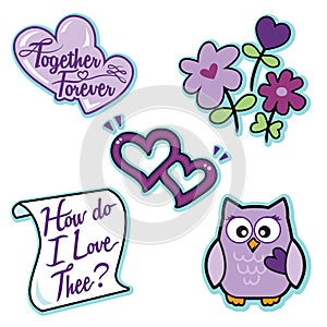 Valentine purple love icon set flowers owl hearts letter