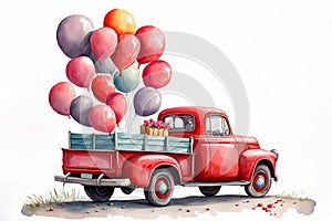 Valentine red truck with gift box and balloon. Watercolor Valentine\'s Day car. Loads of love postcard.