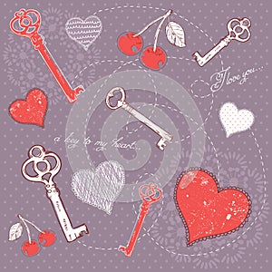 Valentine romantic love card with key to heart