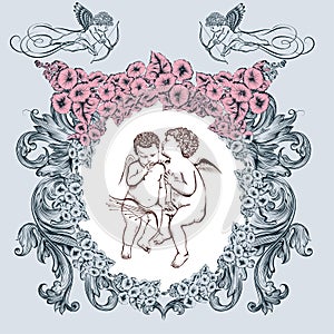 Valentine romantic vector vintage card with angels and flower frame