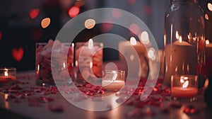 Valentine's ambiance with candles, heart confetti, and bokeh