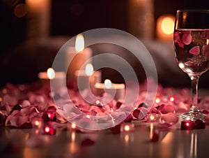 Valentine's ambiance with candles, heart confetti, and bokeh