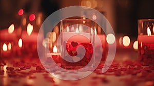 Valentine's ambiance with candles, heart confetti, and bokeh