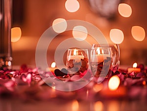 Valentine's ambiance with candles, heart confetti, and bokeh