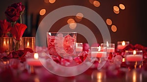 Valentine's ambiance with candles, heart confetti, and bokeh