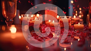 Valentine's ambiance with candles, heart confetti, and bokeh